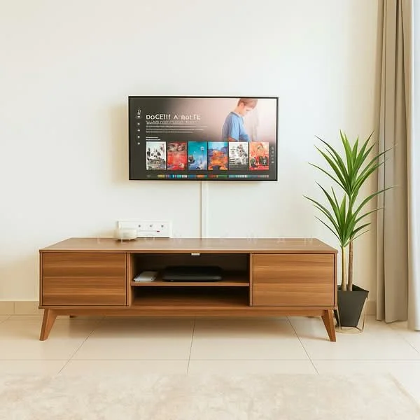 Living features: wooden TV console with drawers, wall-mounted flat-screen TV, ceramic tile flooring, potted plant in black planter, light grey curtains, white painted walls, cable management system, open shelving under TV; style: modern.