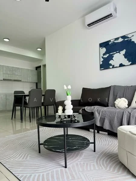 Living features: white painted walls, glossy tile flooring, 5-blade ceiling fan with light, sofa in grey fabric, coffee table with black top and metal legs, area rug with geometric pattern, decorative vase with white tulips, wall-mounted air conditioning unit, framed artwork with a world map, dining area visible in background with 4 dining chairs and table; style: modern.