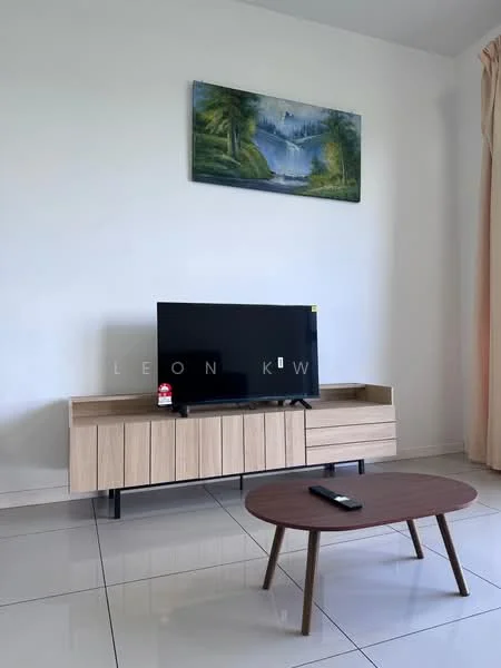 Living features: white painted walls, glossy tile flooring, large flat-screen TV, wooden TV console with drawers, round wooden coffee table, decorative painting on wall, curtains, remote control on coffee table; style: modern.