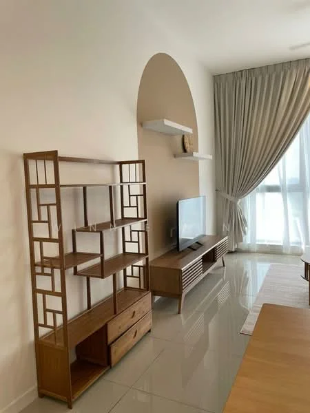 Living features: light grey walls, glossy tile flooring, floor-to-ceiling windows, sheer curtains, wooden shelving unit, wooden TV console, wall-mounted TV, decorative shelf above TV, neutral area rug, arched wall feature; style: modern.
