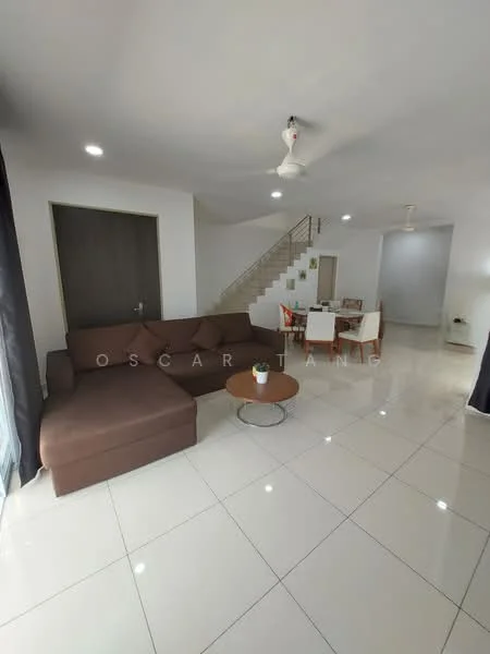 Living features: L-shape sectional sofa in brown, round coffee table with metal base, white tiled flooring, white painted walls, ceiling fan with light, large windows with sheer curtains, staircase in the background, dining area visible in the background; style: modern.