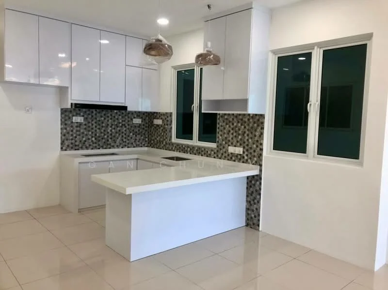 Kitchen features: white glossy cabinetry, marble countertop, single-bowl stainless-steel sink, chrome pull-down faucet, built-in oven, ceramic tile backsplash with mosaic pattern, 2 pendant lights, floor-to-ceiling windows, white walls, polished tile flooring; style: modern.