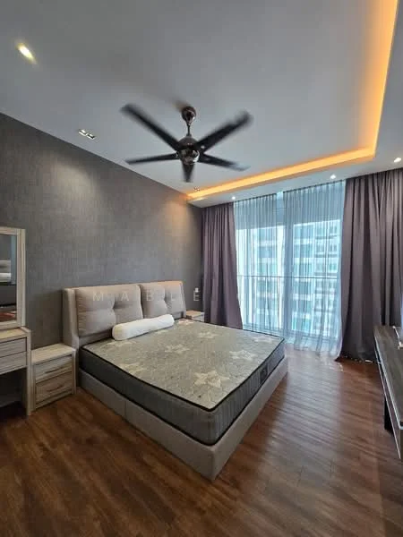 Bedroom features: king-size bed, upholstered headboard, bedside table, floor-to-ceiling windows, sheer curtains, dark grey accent wall, wooden flooring, 5-blade ceiling fan with light, LED strip lighting, decorative mirror; style: modern.