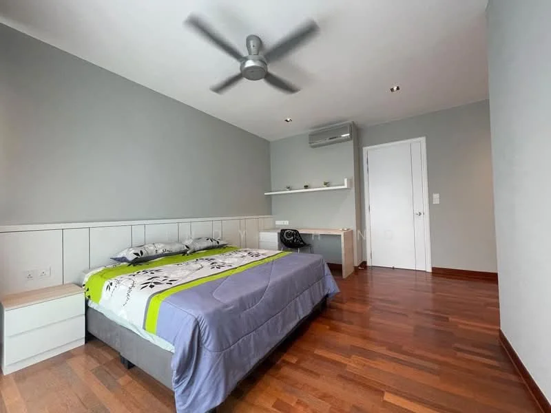 Bedroom features: queen-size bed with grey bedding, green accent throw, wooden flooring, light grey painted walls, ceiling fan, wall-mounted air conditioning unit, built-in shelf, white door, nightstand, decorative wall paneling; style: modern.