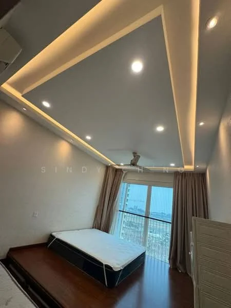 Bedroom features: tray ceiling with recessed lighting, floor-to-ceiling windows, curtains, wood flooring, ceiling fan, light fixtures, unmade bed frame, balcony access; style: modern; view: city.