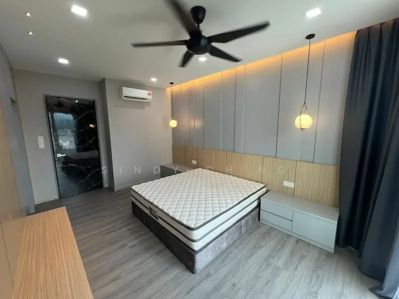 Bedroom features: queen-size bed, upholstered headboard, 2 bedside lamps, built-in wardrobe, wall-mounted split AC, grey accent wall, wood paneling, laminate flooring, recessed downlights, ceiling fan, curtains, nightstand; style: modern.