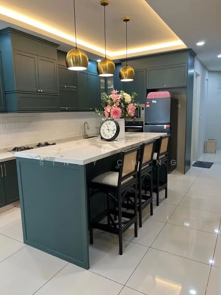 Kitchen features: green cabinetry, white marble countertop, stainless-steel sink, chrome pull-down faucet, built-in oven, freestanding fridge in pink, 4-burner gas hob, pendant lights, bar stools, white subway tile backsplash, recessed lighting, ceramic tile flooring; style: modern.