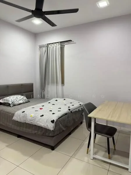 Bedroom features: queen-size bed with grey upholstered headboard, white bedding with black and colored polka dots, light grey walls, white ceiling, recessed LED downlights, 5-blade ceiling fan, window with sheer curtains, tile flooring, study desk with light wood surface, grey upholstered chair; style: modern.