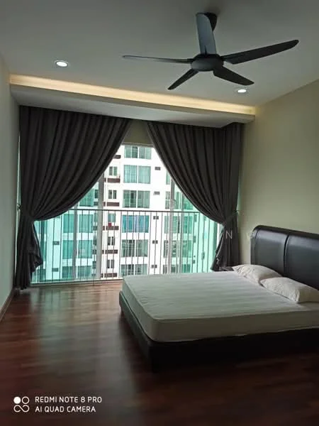 Bedroom features: wooden flooring, floor-to-ceiling windows, blackout curtains, 5-blade ceiling fan, upholstered headboard, queen-size bed, balcony view, recessed lighting; style: modern; view: city.