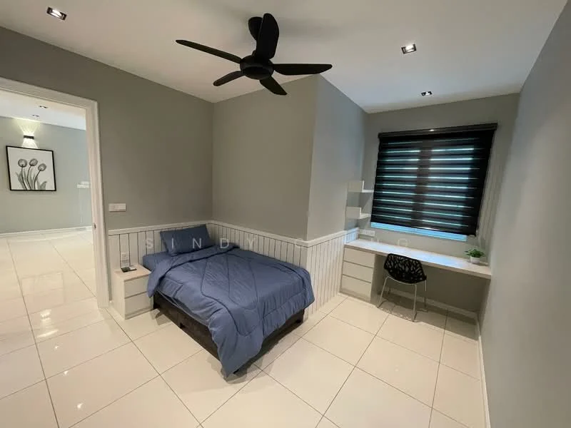 Bedroom features: queen-size bed with blue bedding, white bedside table, built-in desk with chair, black ceiling fan, white wainscoting, grey painted walls, large window with black roller blinds, glossy white tile flooring, recessed ceiling lights; style: modern.