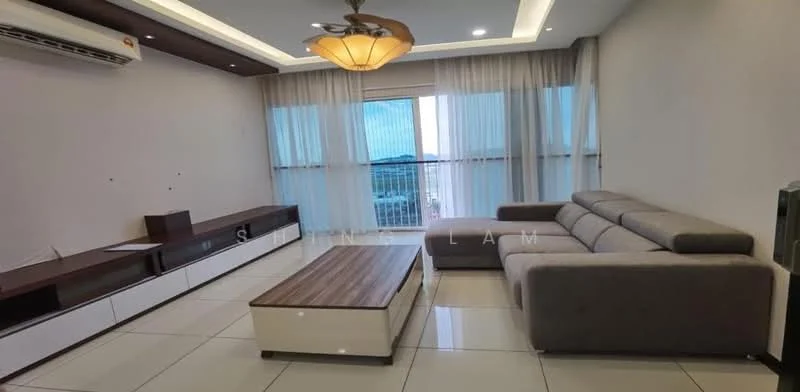 Living features: 3-seater fabric sofa in grey, wooden coffee table, wall-mounted TV console, floor-to-ceiling windows, sheer curtains, recessed downlights, ceiling fan with light, white painted walls, glossy tile flooring, air conditioning unit; style: modern; view: city.