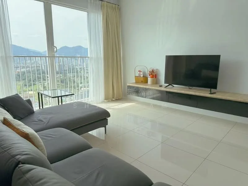 Living features: grey fabric sectional sofa, white wall, large floor-to-ceiling window, curtains, flat-screen TV on wall-mounted console, light-colored wooden TV console, glossy tile flooring, decorative items on console, mountain view through window; style: modern; view: mountain.