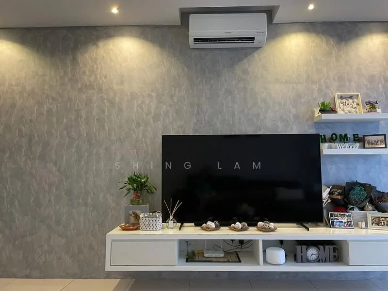 Living features: grey textured accent wall, white TV console, wall-mounted flat-screen TV, decorative plants, shelves with decorative items, air conditioning unit, recessed ceiling lights, neutral tile flooring; style: modern.