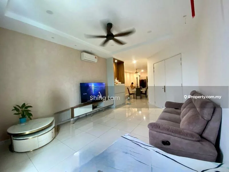 Living features: grey fabric sofa, wall-mounted TV, coffee table, white tiled flooring, ceiling fan, air conditioning unit, decorative plant in pot, recessed lighting, light-colored accent wall; style: modern.