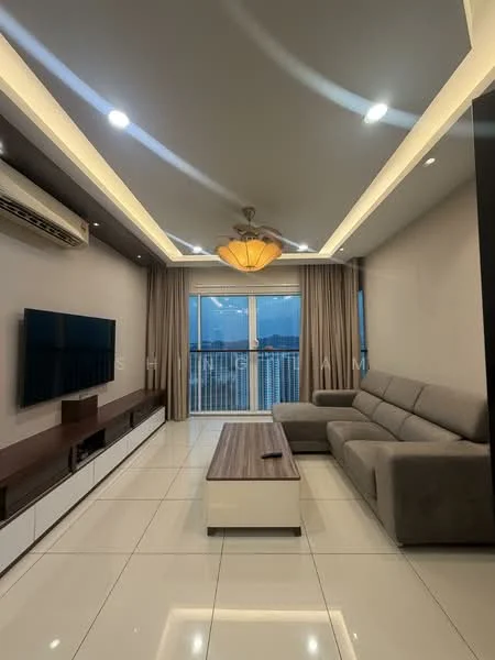 Living features: grey fabric sectional sofa, wood coffee table, wall-mounted flat-screen TV, white TV console with storage, recessed ceiling lights, chandelier, floor-to-ceiling windows, sheer curtains, white painted walls, glossy tile flooring, air conditioning unit; style: modern; view: city.