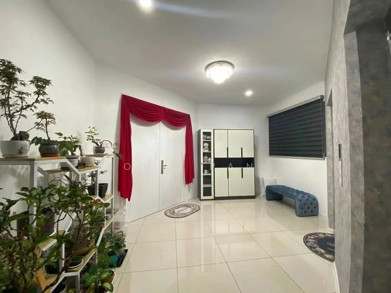 Room features: white painted walls, glossy tile flooring, recessed downlights, chandelier, decorative curtain, built-in cabinetry in black and white, blue upholstered bench, houseplants in ceramic pots, area rug with circular pattern; style: modern.