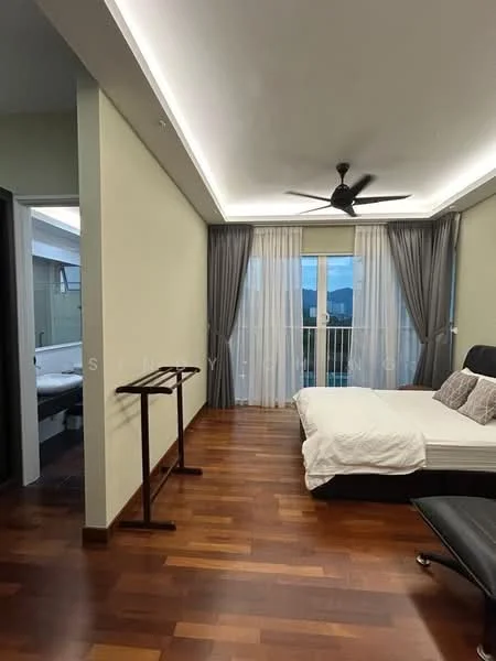 Bedroom features: wooden flooring, green painted walls, tray ceiling with recessed lighting, 5-blade ceiling fan, floor-to-ceiling windows with sheer curtains, balcony access, queen-size bed with black leather headboard, side table, armchair, decorative wall, mountain view; style: modern; view: mountain. Bathroom features: white tiled walls, white ceramic flooring, single-sink vanity with wood cabinet, chrome basin mixer, framed mirror, toilet, shower area; style: modern.