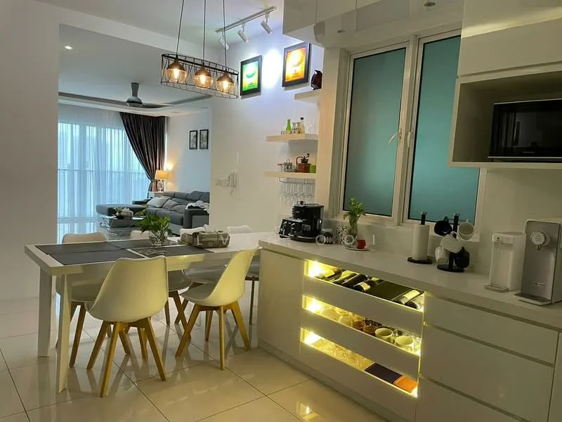 Kitchen features: white cabinetry, marble countertop, stainless-steel appliances, built-in microwave, coffee machine, kettle, 4-burner gas hob, single-bowl stainless-steel sink, chrome pull-down faucet, recessed downlights, open shelving, decorative plants, dining table with white chairs, floor-to-ceiling windows, grey curtains; style: modern. Living features: sofa in grey, coffee table, TV console, wall-mounted TV, area rug, decorative artwork, floor-to-ceiling windows, curtains; style: modern.