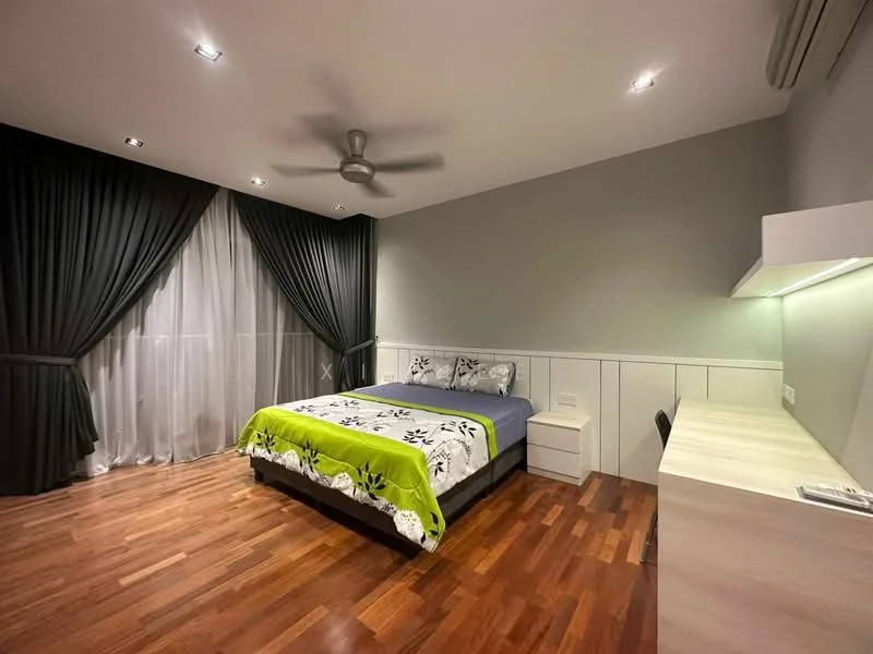 Bedroom features: king-size bed with floral bedding, green throw blanket, nightstand, study desk, wooden flooring, grey painted walls, floor-to-ceiling windows with sheer curtains, dark curtains, ceiling fan with light, recessed downlights; style: modern.