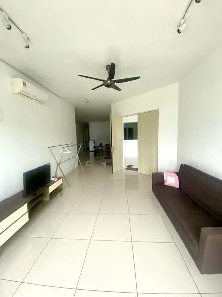 Living features: 3-seater brown leather sofa, wall-mounted TV, TV console, ceiling fan, white painted walls, glossy tile flooring, air conditioning unit, recessed lighting, open layout, natural light from doorway; style: modern.
