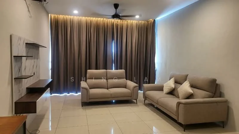 Living features: 2-seater fabric sofa in beige, 3-seater fabric sofa in beige, ceiling fan, wall-mounted TV console, marble feature wall, large floor-to-ceiling windows, brown sheer curtains, glossy ceramic tile flooring, decorative cushions; style: modern.