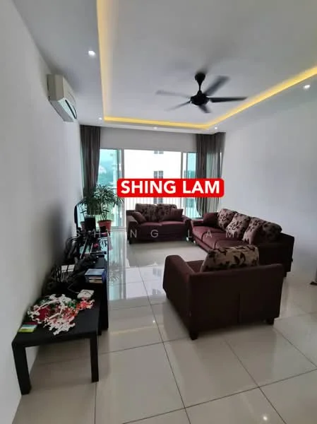 Living features: cream painted walls, white ceiling with recessed lighting, 5-blade ceiling fan, large floor-to-ceiling windows, sliding glass door, glossy tile flooring, brown fabric sofa with floral pattern, 2-seater brown fabric sofa, black coffee table, decorative houseplant, TV console, decorative items on table; style: modern; view: city.
