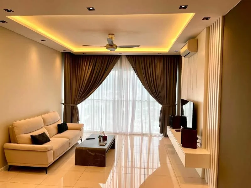 Living features: 3-seater leather sofa in cream, coffee table with glass top, wall-mounted TV, TV console, floor-to-ceiling windows, sheer curtains, dark brown curtains, recessed LED downlights, ceiling fan with light, polished tile flooring, decorative wall paneling, decorative plant on table; style: modern; view: city.