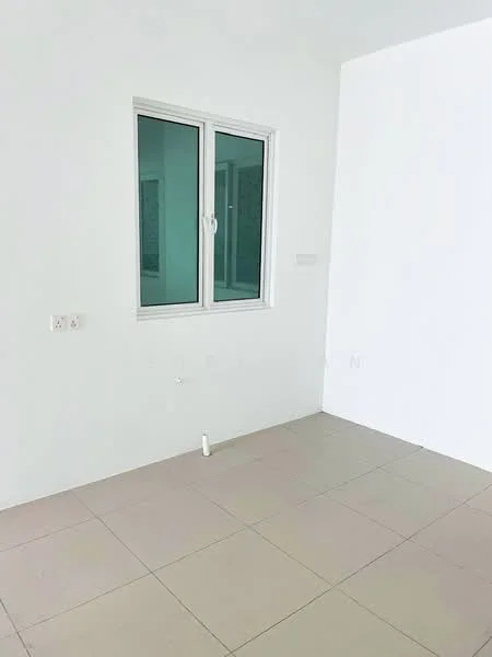 Room features: white painted walls, tile flooring, single window, neutral color scheme; style: minimalist.