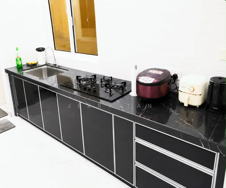 Kitchen features: black marble countertop, double-bowl stainless-steel sink, chrome pull-down faucet, 2-burner gas hob, rice cooker, water dispenser, microwave, black cabinetry with silver handles, white tiled backsplash, floor-to-ceiling window; style: modern.