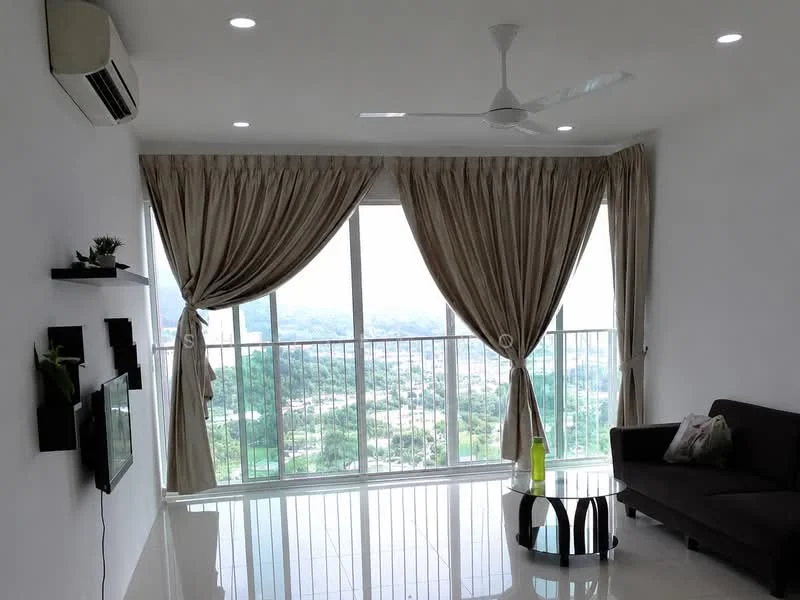 Living features: floor-to-ceiling windows, curtains in beige, 3-blade ceiling fan, wall-mounted TV, black TV console, grey fabric sofa, white walls, polished tile flooring, decorative wall shelves, houseplants in pots, coffee table with black base; style: modern; view: city.