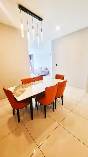 Dining features: 6-seater dining table with marble top, upholstered dining chairs in orange, pendant lighting with multiple bulbs, white walls, glossy tile flooring, open layout to living area; style: modern.