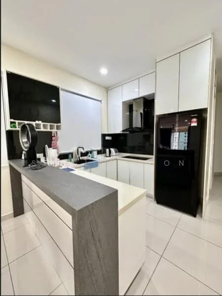 Kitchen features: white cabinetry with flat-panel doors, grey stone countertop, black built-in oven, black refrigerator, stainless-steel sink, chrome pull-down faucet, ceramic tile flooring, wall-mounted microwave, black backsplash, window with roller blinds, LED recessed lighting, kitchen island with seating; style: modern.