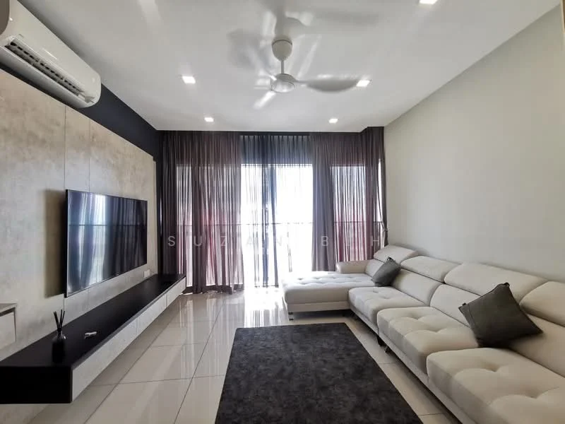 Living features: 3-seater fabric sofa in white, chaise lounge, black accent pillows, wall-mounted flat-screen TV, TV console with storage, recessed downlights, 5-blade ceiling fan, large floor-to-ceiling windows, sheer curtains, dark area rug, glossy tile flooring, neutral painted walls; style: modern.