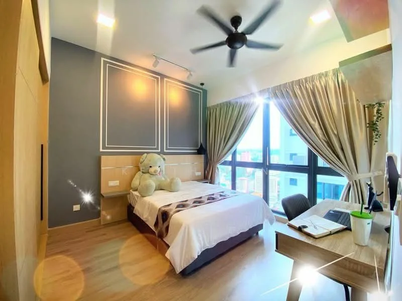 Bedroom features: king-size bed with white bedding, upholstered headboard, wooden flooring, 5-blade ceiling fan, floor-to-ceiling windows, sheer curtains, decorative wall paneling, study desk with chair, teddy bear on bed, wall-mounted lighting, built-in wardrobe; style: modern; view: city.