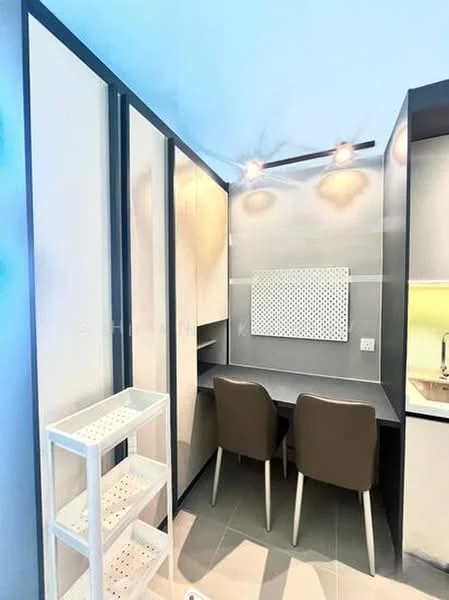 Study features: built-in desk, two ergonomic chairs, wall-mounted mirror, shelving unit, recessed lighting, grey wall panels, light grey flooring, white cabinetry; style: modern.