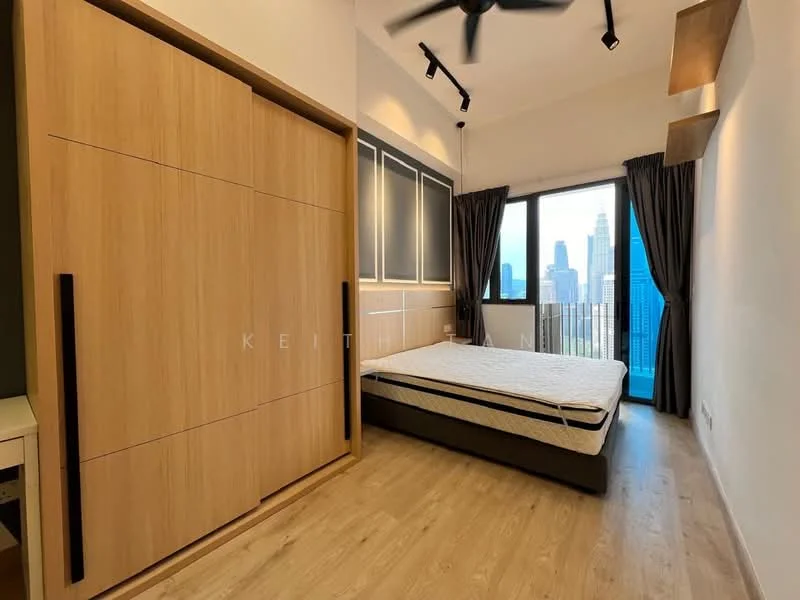 Bedroom features: queen-size bed, wooden flooring, built-in wardrobe with sliding doors, floor-to-ceiling windows, city skyline view, blackout curtains, ceiling fan, recessed lighting; style: modern; view: city.