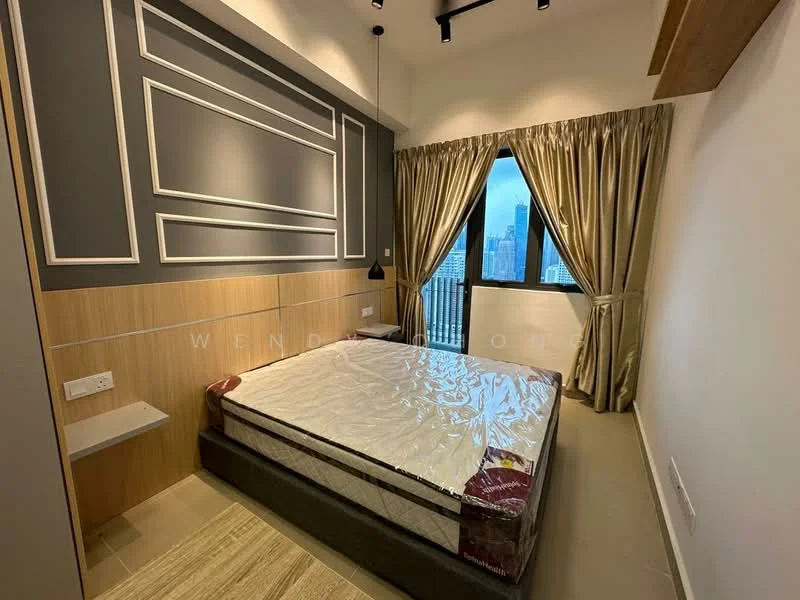 Bedroom features: king-size bed, upholstered headboard, wood panel accent wall, grey painted walls, floor-to-ceiling window, curtains, nightstand with drawer, recessed lighting, tile flooring, decorative wall molding; style: modern; view: city.