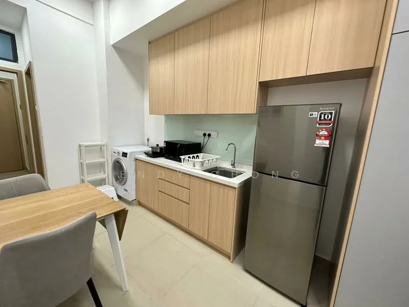 Kitchen features: light wood cabinetry, white countertop, single-bowl stainless-steel sink, chrome pull-down faucet, built-in oven, stainless-steel fridge, washing machine, tile backsplash, dining table with chairs, neutral tile flooring; style: modern.