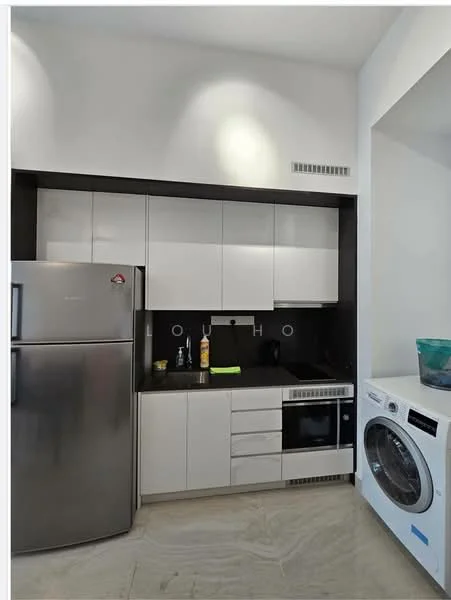 Kitchen features: stainless-steel fridge, white cabinetry with flat-panel doors, black countertop, built-in oven, microwave, single-bowl stainless-steel sink, chrome pull-down faucet, front-load washing machine, marble tile flooring, recessed downlights; style: modern.