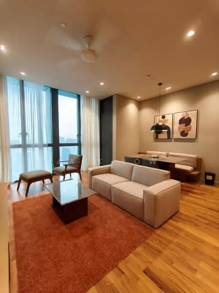 Living features: 3-seater fabric sofa in beige, coffee table with marble top, area rug with geometric pattern in orange, wooden flooring, 5-blade ceiling fan with light, floor-to-ceiling windows with sheer curtains, wall-mounted artwork, accent chair in wood, dining area with pendant light; style: modern; view: city.