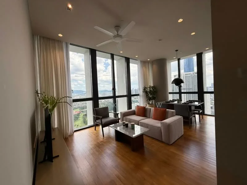 Living features: 3-seater fabric sofa in light grey, 2-seater fabric sofa in light grey, wood coffee table, floor-to-ceiling windows, sheer curtains, 5-blade ceiling fan with light, wooden flooring, decorative plant in ceramic pot, wall-mounted TV, side table, pendant lamp; style: modern; view: city.