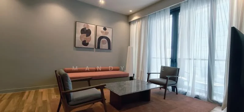 Living features: light grey painted walls, wooden flooring, sofa with pink upholstery, 2 wooden armchairs, coffee table with marble top, floor lamp, floor-to-ceiling windows, sheer curtains, decorative artwork on walls, recessed ceiling lights; style: modern.
