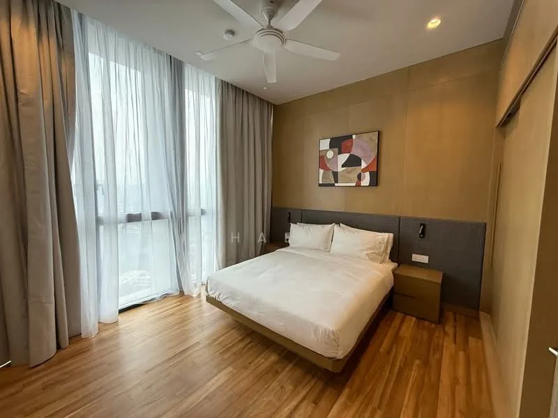 Bedroom features: king-size bed, upholstered headboard, bedside table, floor-to-ceiling windows, sheer curtains, wooden flooring, ceiling fan, framed artwork, wall-mounted light fixtures; style: modern; view: city.