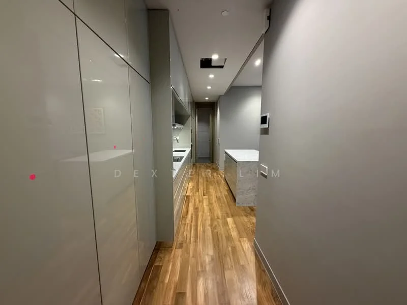 Room features: grey painted walls, wooden flooring, recessed downlights, built-in cabinetry with glossy finish, marble countertop, open layout, narrow hallway, modern design; style: modern.