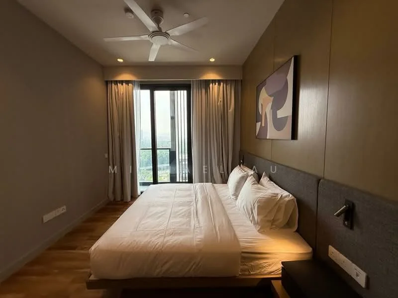 Bedroom features: king-size bed with white bedding, upholstered headboard, 2 bedside lamps, floor-to-ceiling windows, sheer curtains, wooden flooring, ceiling fan with light, wall-mounted artwork; style: modern; view: city.