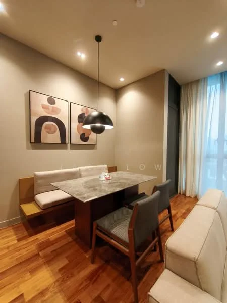 Dining features: wooden dining table with marble top, upholstered dining chairs, built-in bench seating, framed artwork on walls, recessed downlights, floor-to-ceiling windows with sheer curtains, wooden flooring, pendant light fixture; style: modern.