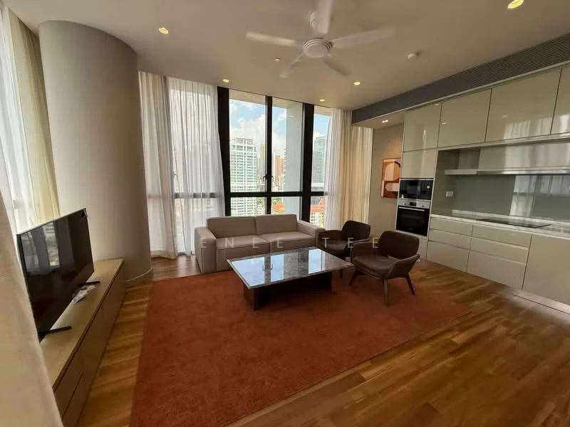 Living features: wooden flooring, 5-blade ceiling fan with light, floor-to-ceiling windows, sheer curtains, TV console, wall-mounted TV, coffee table, 2-seater leather sofa, area rug with geometric pattern, recessed downlights, built-in cabinetry, kitchenette with countertop; style: modern; view: city.
