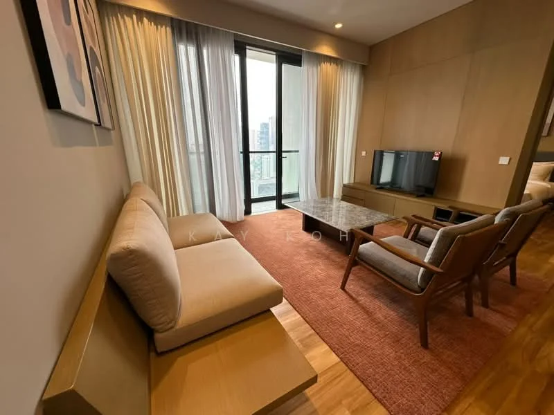 Living features: 3-seater fabric sofa in beige, wooden coffee table with marble top, TV console, wall-mounted TV, area rug in terracotta, floor-to-ceiling windows, sheer curtains, wooden flooring, decorative wall art, accent wall with wood paneling; style: modern; view: city.
