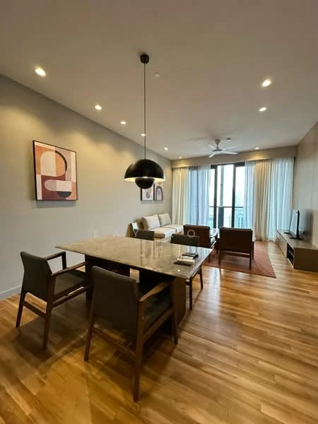 Living features: wooden flooring, recessed downlights, 5-blade ceiling fan, large sliding glass door, floor-to-ceiling windows, sheer curtains, marble dining table, 4 dining chairs, 2 armchairs, framed artwork on walls, TV console, area rug; style: modern; view: city.