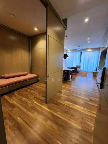 Room features: wooden flooring, light brown painted walls, recessed downlights, ceiling fan, partition wall, sofa with cushions, dining table, floor-to-ceiling windows with sheer curtains; style: modern; view: city.